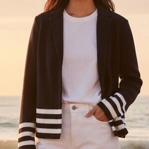 Ann Taylor Loft Womens Black Striped Knit Blazer Sweater Jacket Size M Classic